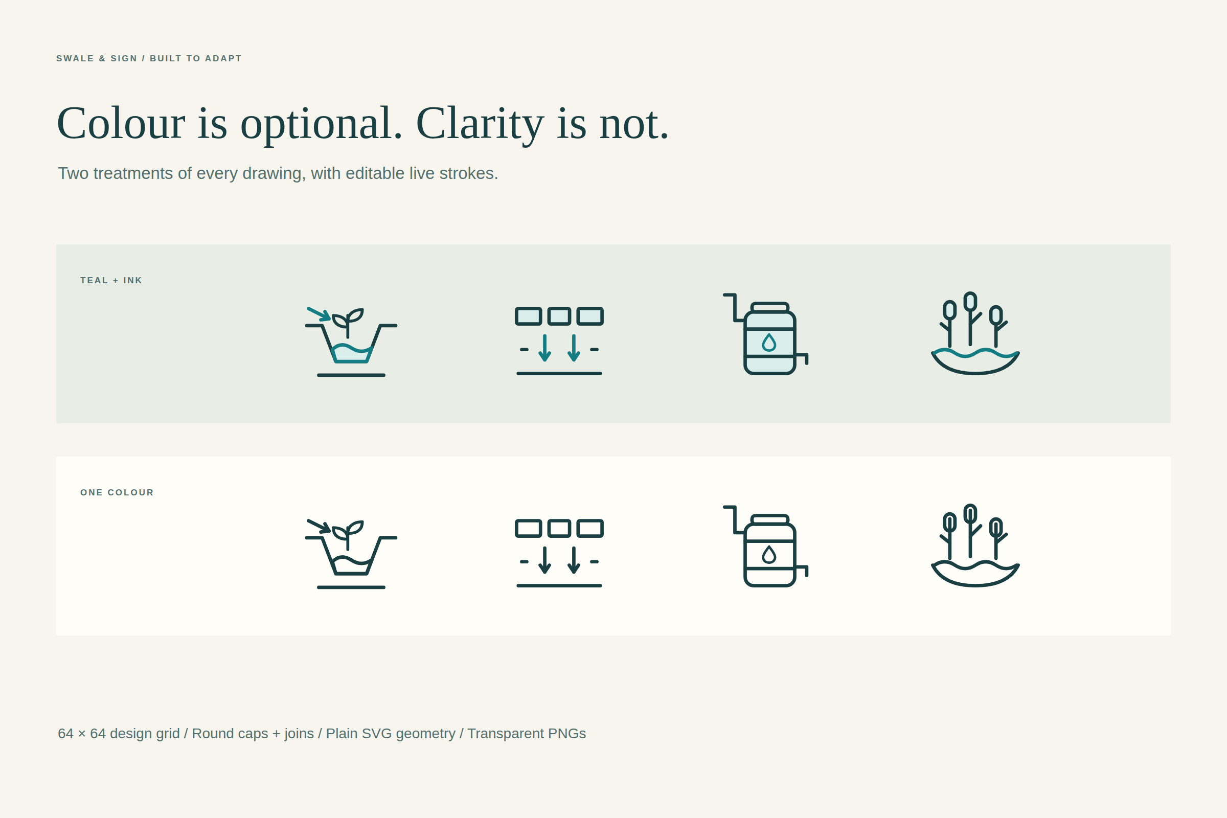 Four icons shown in both teal-and-ink and single-colour treatments